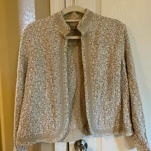 Chico's Cream Embroidered Eyelet Open-Front Jacket